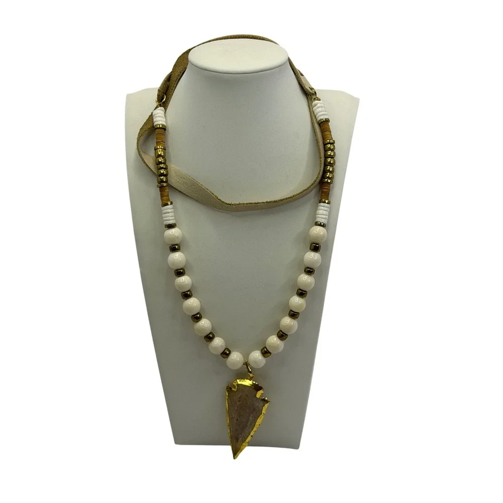 Bo Teak Gold Arrowhead Pendant‎ Leather Beaded Necklace Cream Tan Southwestern